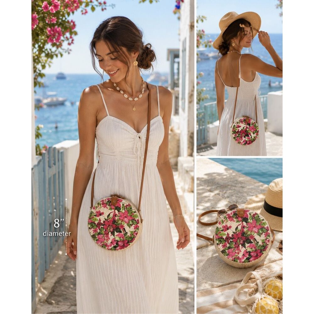 Floral Wicker Circle Bag Crossbody Coastal Resort